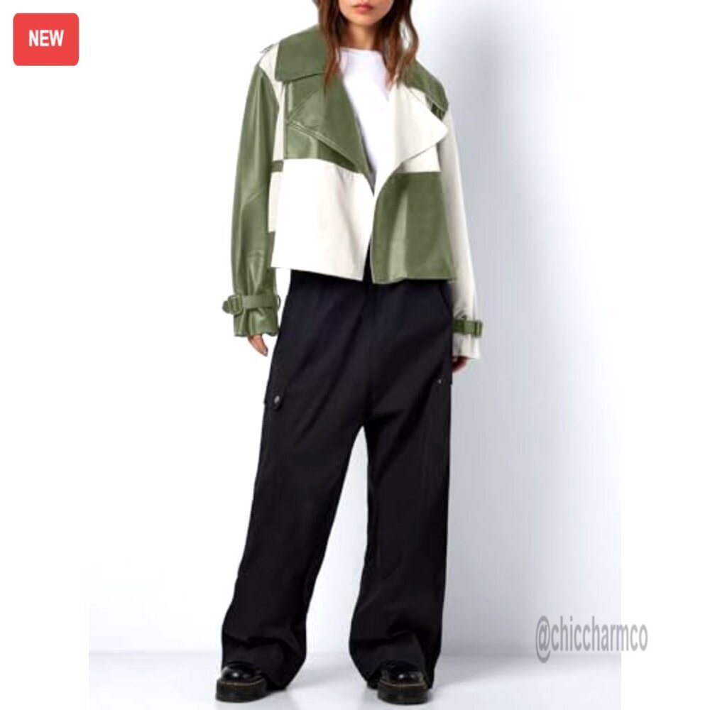 Oversized Cropped Leather Jacket with Color Block Design, Side Pockets - Picture 4 of 7